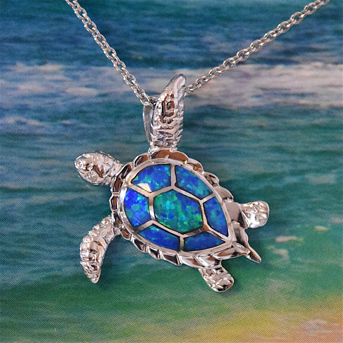 Pretty Hawaiian Sea Turtle Earring and Necklace, Sterling Silver Blue Opal Turtle Pendant, N6021SH Birthday Mother Wife Mom Gift