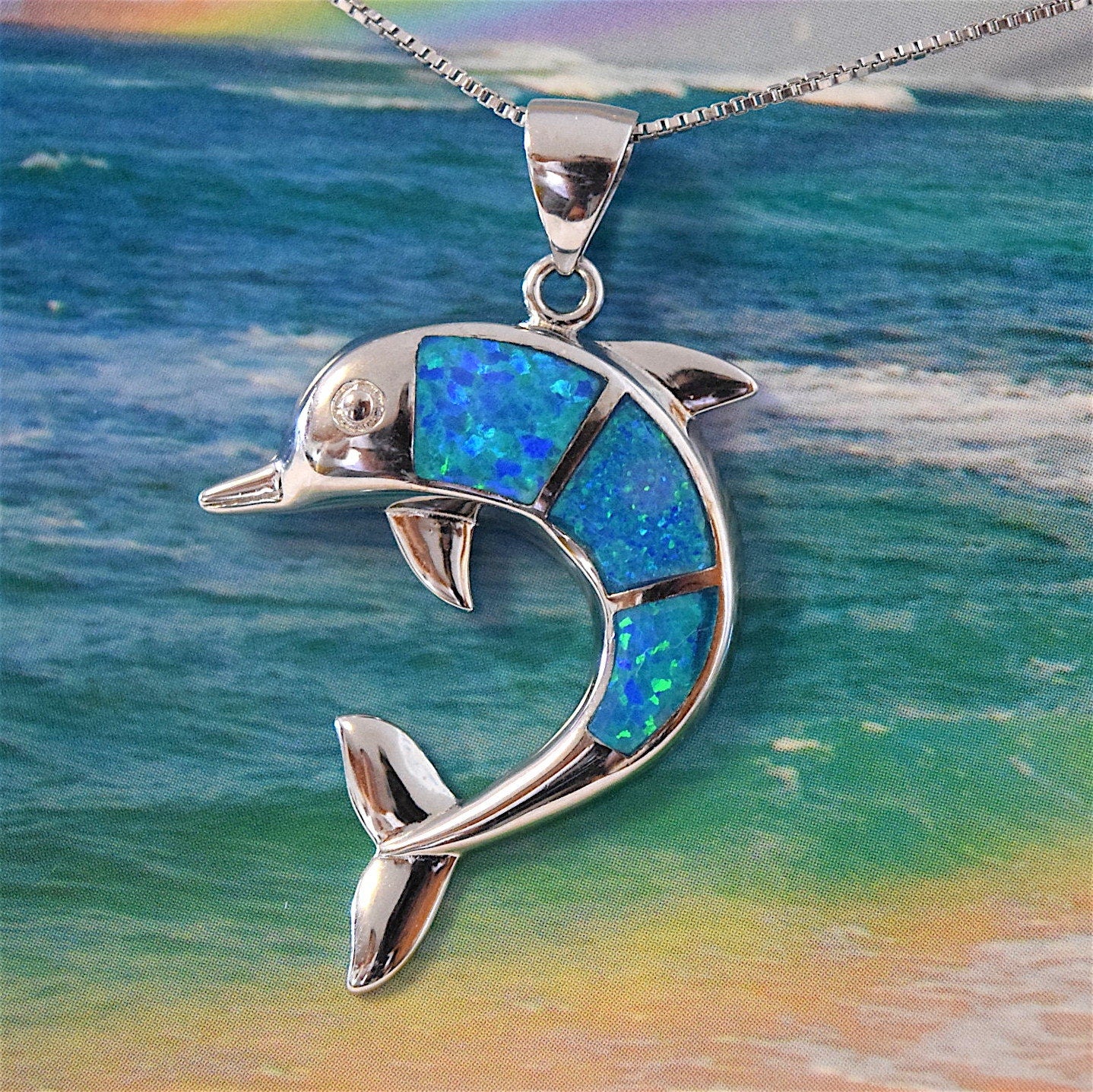 Gorgeous Hawaiian Large Blue Opal Dolphin Earring and Necklace, Sterling Silver Opal Dolphin Pendant, N6031SH Birthday Mother Mom Gift