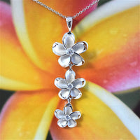 Gorgeous Hawaiian Large 3 Plumeria Earring and Necklace, Past Present & Future, Sterling Silver 3 Plumeria Flower CZ Pendant N6138S Mom Gift