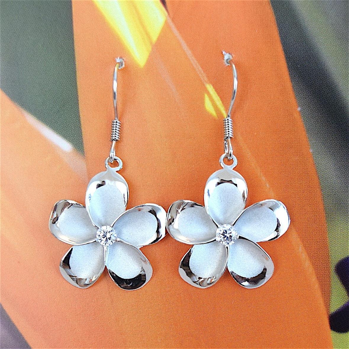 Gorgeous Extra-Large Hawaiian Plumeria Earring, Sterling Silver Plumeria CZ Dangle Earring, E4087 Birthday Mother Mom Gift, Statement PC