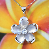 Gorgeous Large Hawaiian Plumeria Earring and Necklace, Sterling Silver Plumeria Flower CZ Pendant, N6003SH Birthday Mother Mom Gift