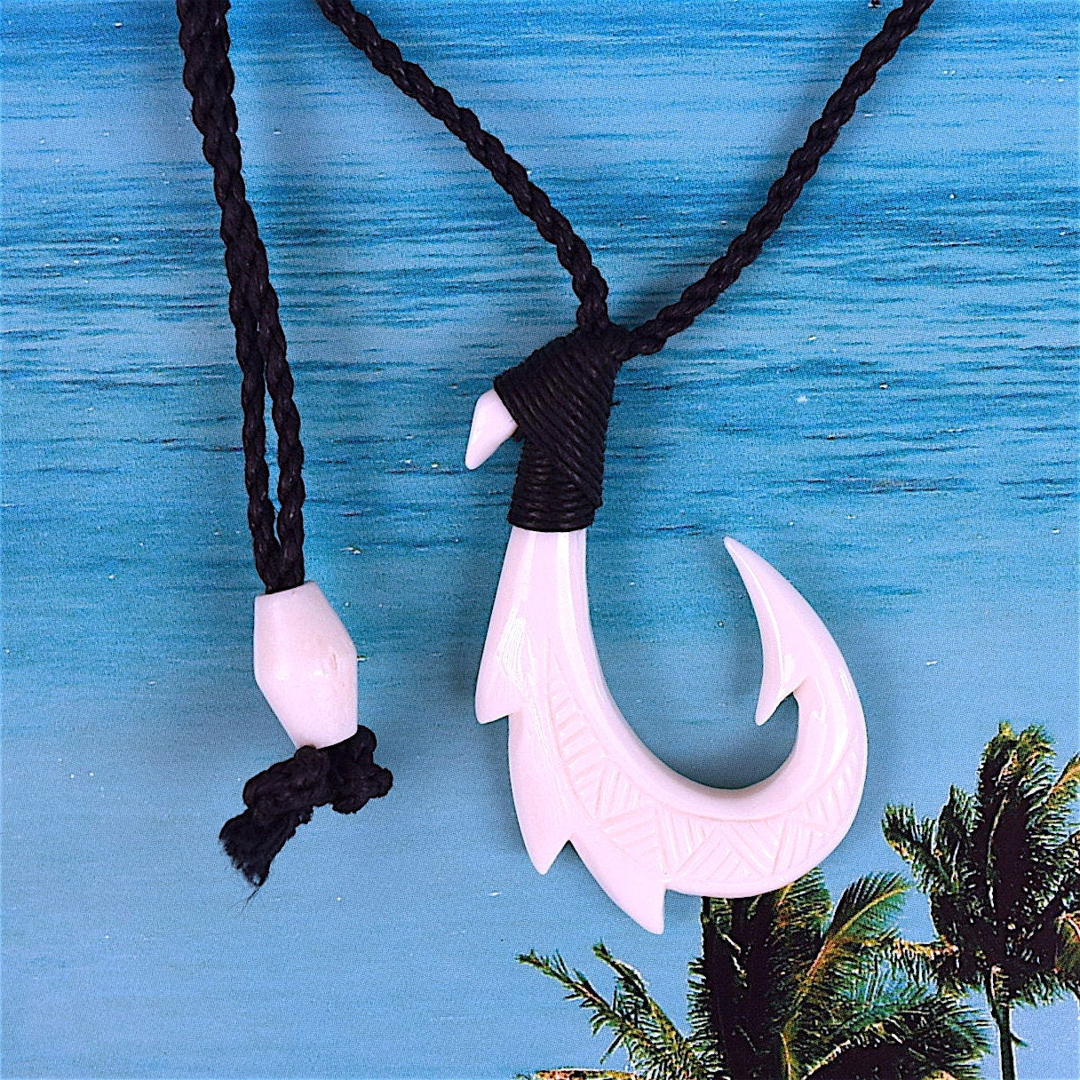 Unique Hawaiian Large Fish Hook Necklace, Hand Carved Buffalo Bone 3D Fish Hook Necklace, N9106 Birthday Mother Gift, Island Jewelry