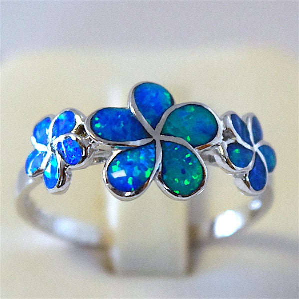 Stunning Hawaiian Opal Plumeria Ring, Sterling Silver Blue Opal 3 Plumeria Flower Ring, R1042 Birthday Mom Wife Mother Gift, Statement PC