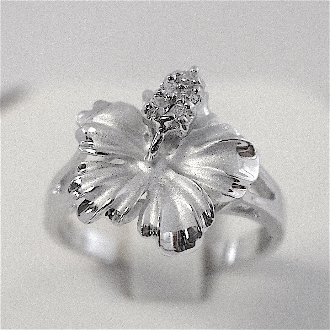 Beautiful Hawaiian Large Hibiscus Ring, Official Hawaii State Flower, Sterling Silver Hibiscus CZ Ring, R1053 Birthday Mom Mother Gift