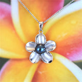 Gorgeous Hawaiian Genuine Black Pearl Plumeria Necklace, Sterling Silver Black Pearl Plumeria Pendant, N9222 Birthday Mom Gift, Statement PC