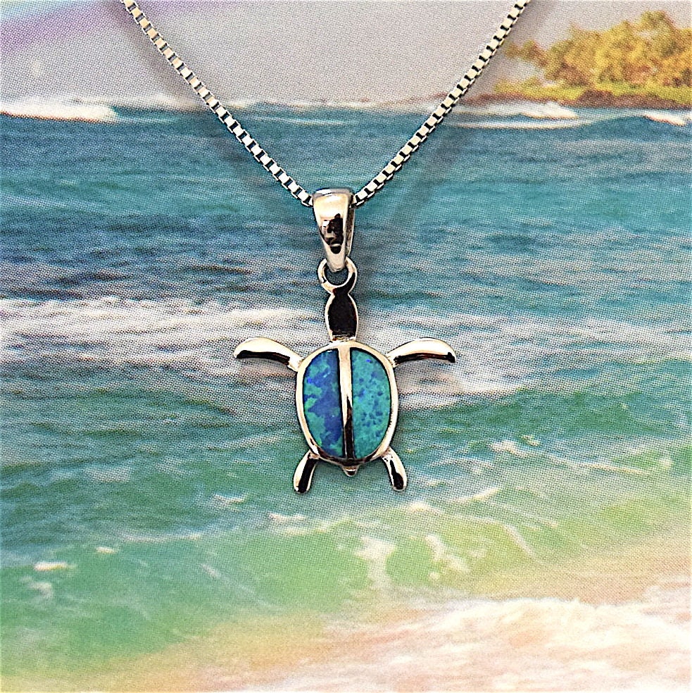 Pretty Mother Daughter Hawaiian Opal Sea Turtle Matching Necklace, Sterling Silver Blue Opal Turtle Pendant, N7014 Big Little Sister