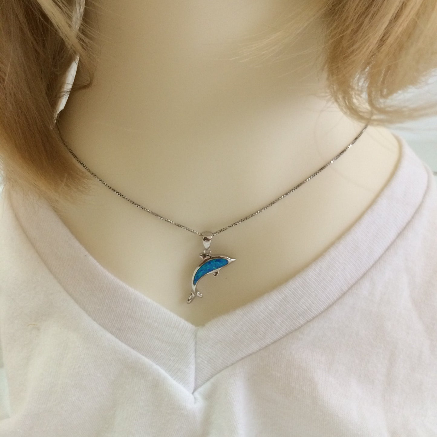 Beautiful Hawaiian Blue Opal Dolphin Necklace and Earring, Sterling Silver Blue Opal Dolphin Pendant, N6149S Birthday Mother Mom Gift