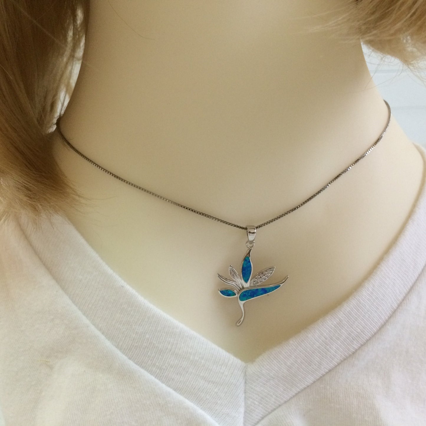 Stunning Hawaiian Blue Opal Bird of Paradise Necklace, Sterling Silver Opal Bird of Paradise CZ Pendant, N6156 Birthday Mother Mom Gift