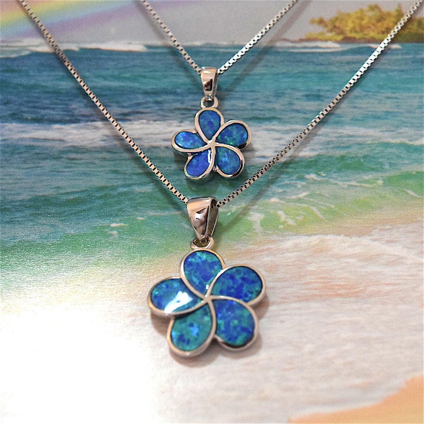 Mother Daughter Hawaiian Blue Opal Plumeria Necklace, Sterling Silver Blue Opal Plumeria Pendant, N7016 Big Little Sister  Matching Necklace