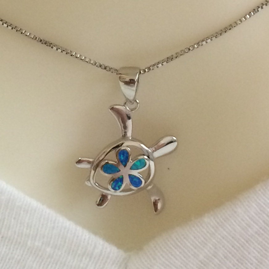 Beautiful Hawaiian Opal Plumeria Sea Turtle Necklace and Earring, Sterling Silver Blue Opal Plumeria Turtle Pendant N6159S Birthday Mom Gift