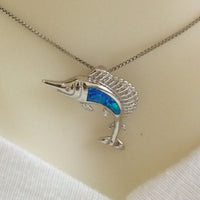 Beautiful Hawaiian Blue Opal Marlin Fish Necklace, Sterling Silver Blue Opal Swordfish Pendant, N6161 Birthday Mother Mom Gift