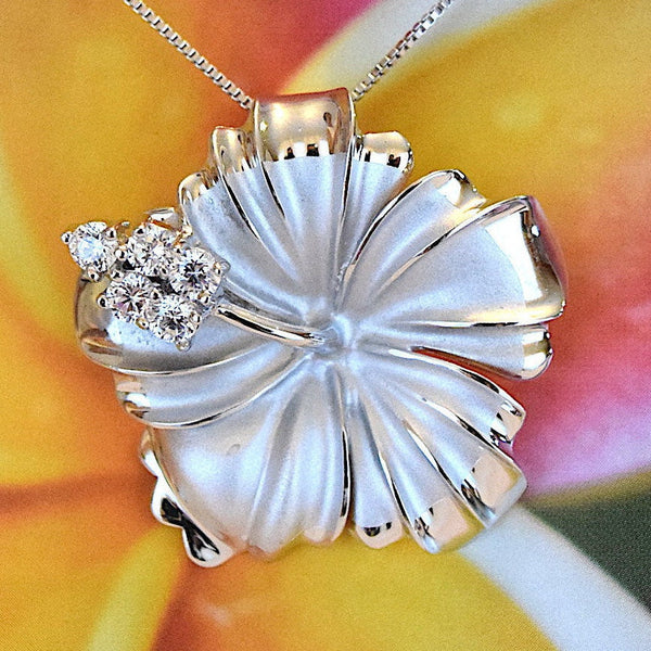 Magnifique collier hibiscus hawaïen extra large, fleur d'État d'Hawaï, pendentif hibiscus CZ en argent sterling N2346, cadeau d'anniversaire pour maman, déclaration PC