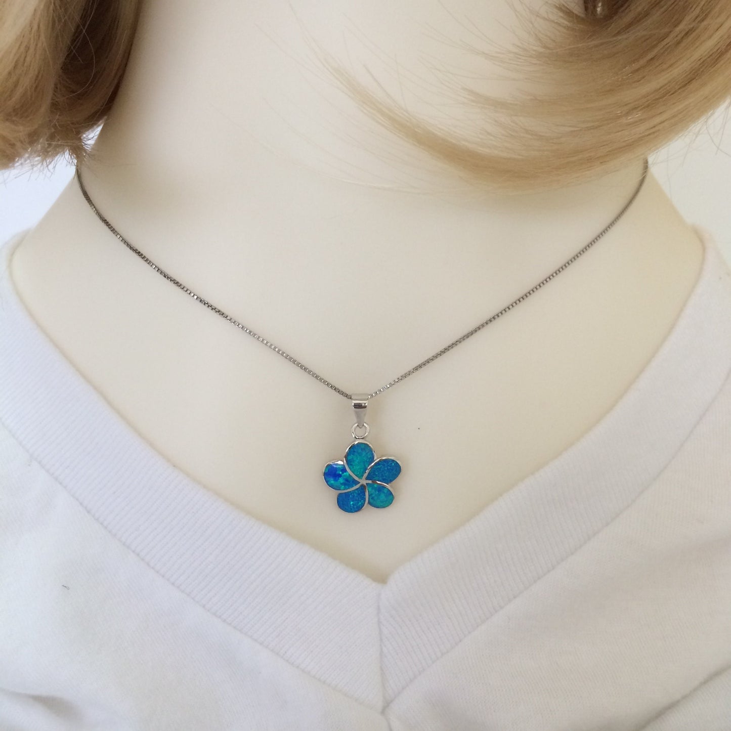 Beautiful Hawaiian Blue Opal Plumeria Necklace and Earring, Sterling Silver Blue Opal Plumeria Flower Charm Pendant N2032S Birthday Mom Gift - Hawaii Treasures Shop