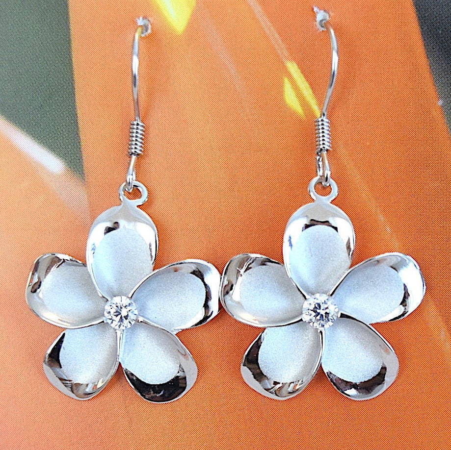 Gorgeous Extra-Large Hawaiian Plumeria Earring, Sterling Silver Plumeria CZ Dangle Earring, E4087 Birthday Mother Mom Gift, Statement PC