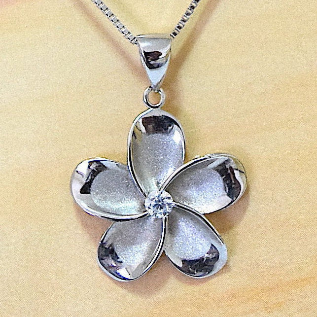 Beautiful Hawaiian Plumeria Necklace and Earring, Sterling Silver Plumeria Flower CZ Pendant, N2031H Birthday Mother Wife Mom Gift