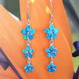 Gorgeous Hawaiian X-Large Plumeria Earring, Past Present & Future, Sterling Silver Blue Opal 3 Plumeria Dangle Earring, E9290 Statement PC