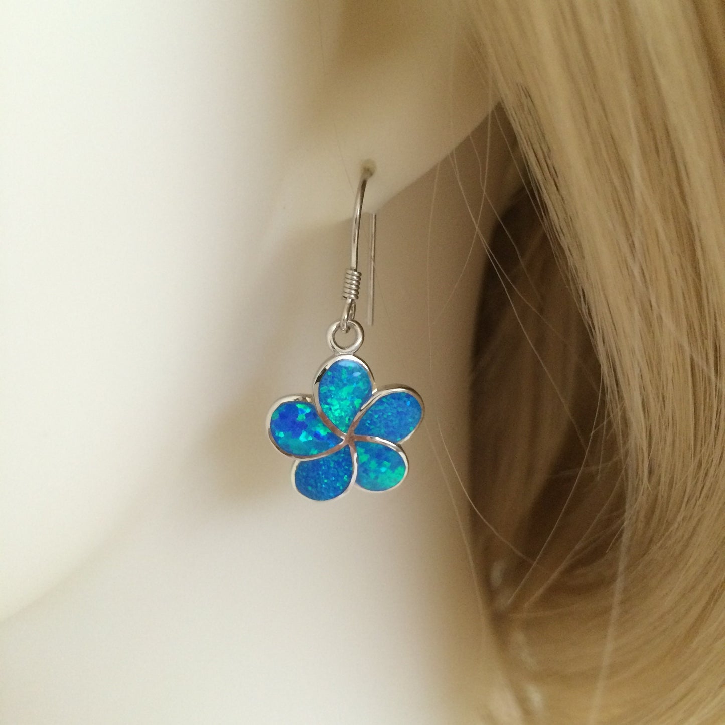 Gorgeous Hawaiian Large Blue Opal Plumeria Earring, Sterling Silver Blue Opal Plumeria Flower Dangle Earring, E9383 Mother Birthday Gift