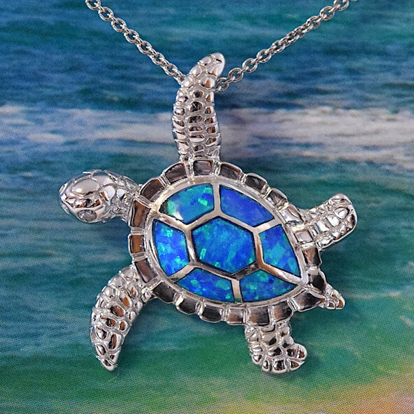 Beautiful Hawaiian Blue Opal Sea Turtle Necklace, Sterling Silver Blue Opal Turtle Pendant, N6022 Birthday Mother Wife Mom Gift