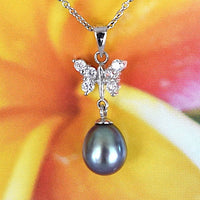 Unique Hawaiian Genuine Black Pearl Butterfly Necklace, Sterling Silver Black Pearl Butterfly CZ Pendant, N2528 Birthday Mom Mother Gift