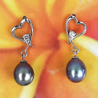 Unique Hawaiian Genuine Black Pearl Earring, Sterling Silver Black Pearl Heart CZ Post Dangle Earring, E4335 Birthday Mom Mother Gift