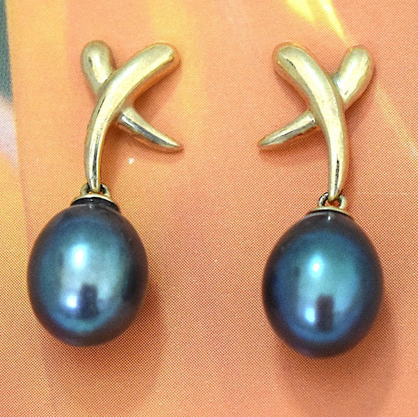 Boucles d'oreilles uniques et époustouflantes en véritable perle noire hawaïenne, boucles d'oreilles pendantes en or jaune massif 14 carats avec perle noire E5540, cadeau d'anniversaire, déclaration PC