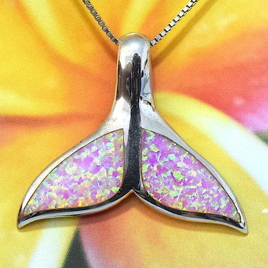 Gorgeous Unique Hawaiian Large Pink Opal Whale Tail Necklace, Sterling Silver Pink Opal Whale Tail Pendant, N2688 Birthday Mom Gift - Hawaii Treasures Shop