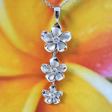 Beautiful Hawaiian 3 Plumeria Earring and Necklace, Past Present & Future, Sterling Silver 3 Plumeria Flower CZ Pendant, N6137S Mom Gift