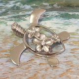 Magnifique collier et boucles d'oreilles en forme de grande tortue de mer hawaïenne, pendentif en argent sterling avec 3 zircones cubiques Plumeria N6142S, cadeau d'anniversaire pour maman