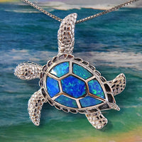 Superbes boucles d'oreilles et collier en forme de tortue de mer hawaïenne de grande taille, pendentif en argent sterling avec opale bleue, cadeau d'anniversaire N6023SH, déclaration PC