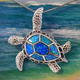 Superbes boucles d'oreilles et collier en forme de tortue de mer hawaïenne de grande taille, pendentif en argent sterling avec opale bleue, cadeau d'anniversaire N6023SH, déclaration PC