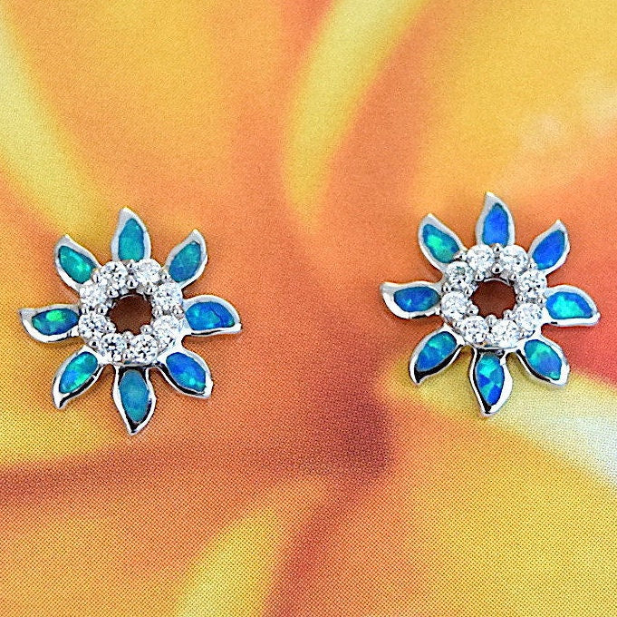 Unique Beautiful Hawaiian Blue Opal Sun Earring, Sterling Silver Blue Opal Sun CZ Stud Earring E4162 Mother Birthday Anniversary Mom Gift