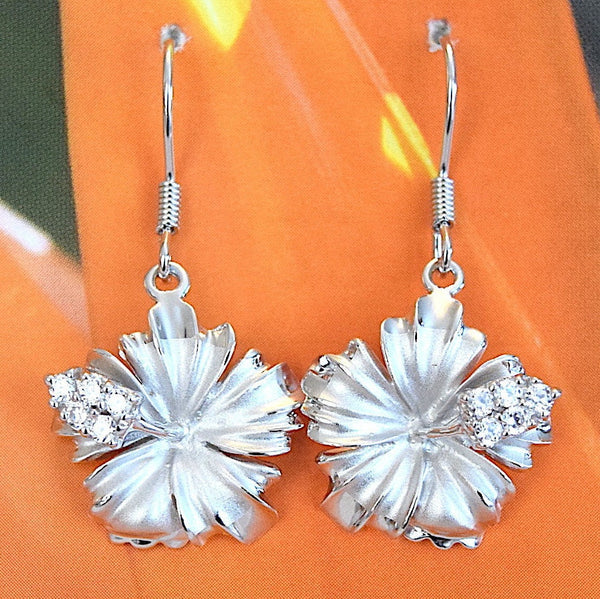 Boucles d'oreilles uniques et magnifiques en forme d'hibiscus hawaïen, fleur officielle de l'État hawaïen, boucles d'oreilles pendantes en argent sterling avec zircone cubique E4159