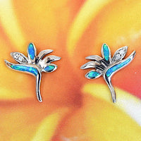 Pretty Hawaiian Bird of Paradise Earring, Sterling Silver Blue Opal Bird of Paradise CZ Stud Earring, E4169 Birthday Wife Mom Gift