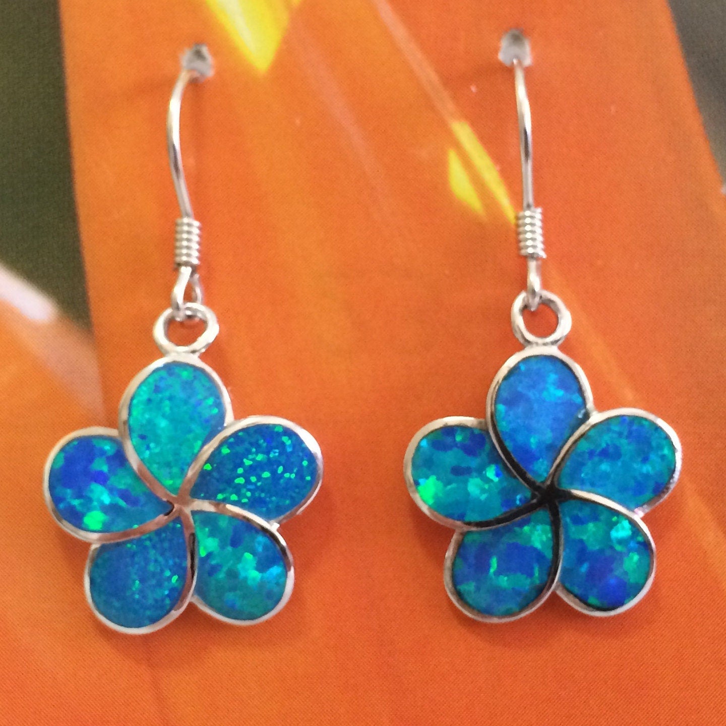 Gorgeous Hawaiian Large Blue Opal Plumeria Earring, Sterling Silver Blue Opal Plumeria Flower Dangle Earring, E9383 Mother Birthday Gift