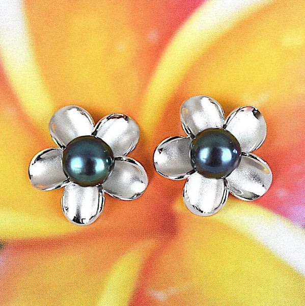 Superbe boucle d'oreille Plumeria en véritable perle noire hawaïenne, boucle d'oreille à tige en argent sterling Plumeria, cadeau d'anniversaire pour maman E9254, déclaration PC