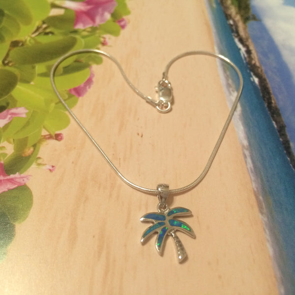 Pretty Hawaiian Blue Opal Palm Tree Anklet or Bracelet, Sterling Silver Opal Palm Tree Charm Bracelet, A3506 Birthday Mom Mother Gift