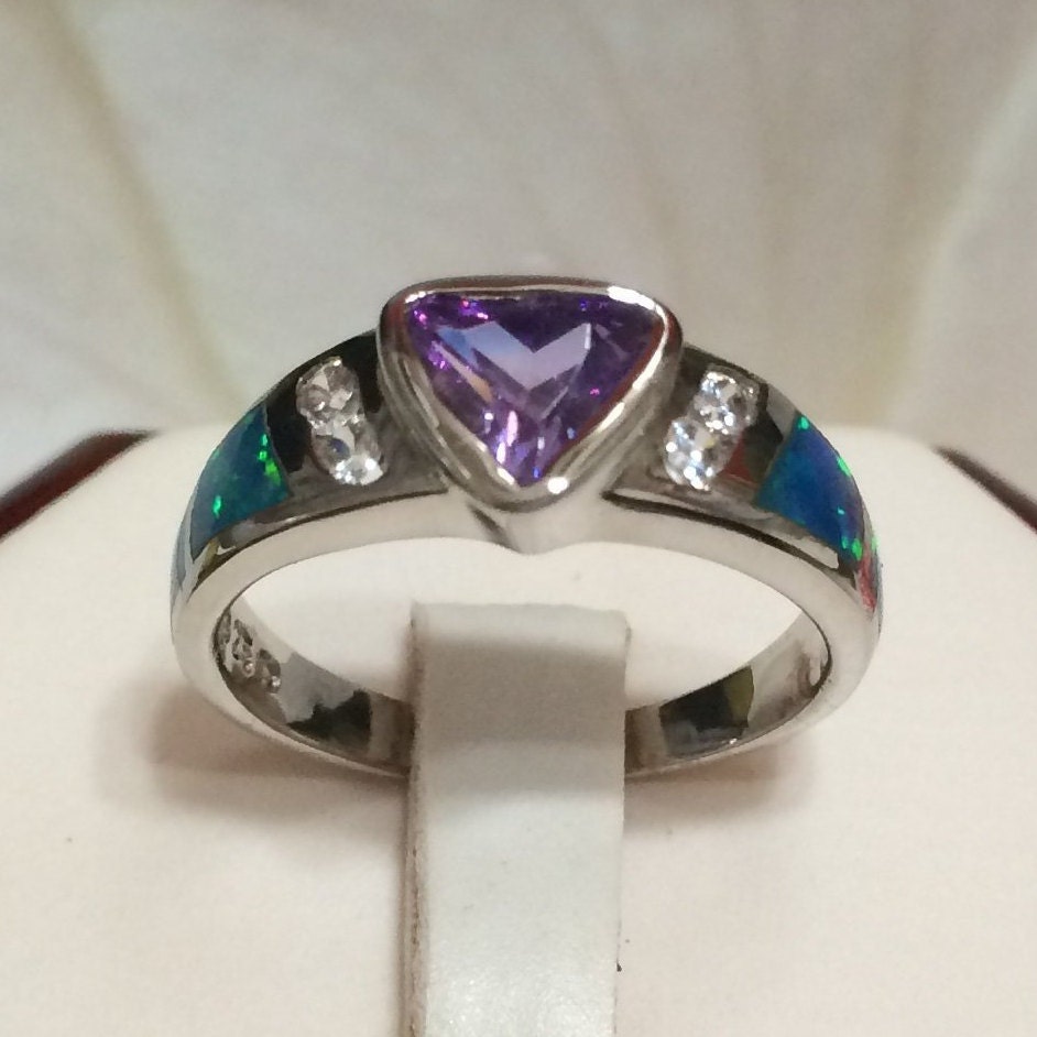 Beautiful Hawaiian Amethyst Blue Opal Ring, Sterling Silver Blue Opal Amethyst CZ Ring, R1011 Birthday Mom Mother Gift