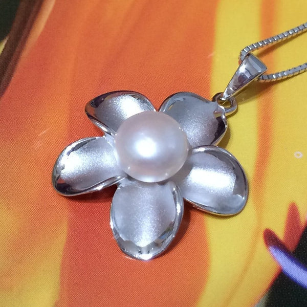 Stunning Hawaiian Genuine White Pearl Plumeria Necklace, Sterling Silver Plumeria White Pearl Pendant, N9221 Birthday Mom Gift, Statement PC