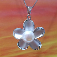 Stunning Hawaiian Genuine White Pearl Plumeria Necklace, Sterling Silver Plumeria White Pearl Pendant, N9221 Birthday Mom Gift, Statement PC