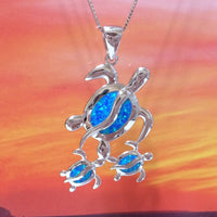 Gorgeous Hawaiian X-Large Mom & 2 Baby Sea Turtle Earring and Necklace, Sterling Silver Blue Opal Turtle Family Pendant N6169S Birthday Gift