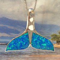 Beautiful Hawaiian Large Blue Opal Whale Tail Earring and Necklace, Sterling Silver Blue Opal Whale Tail Pendant, N6018S Birthday Mom Gift