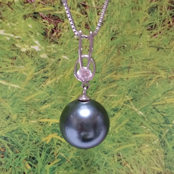 Unique Beautiful Hawaiian Black Shell Pearl Necklace, Sterling Silver Black Shell Pearl CZ Pendant, N2916 Birthday Mom Wife Mother Gift