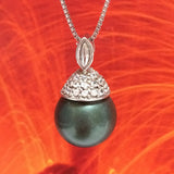 Unique Gorgeous Hawaiian Large Black Shell Pearl Necklace, Sterling Silver Black Shell Pearl CZ Pendant, N2919 Birthday Mom Mother Gift