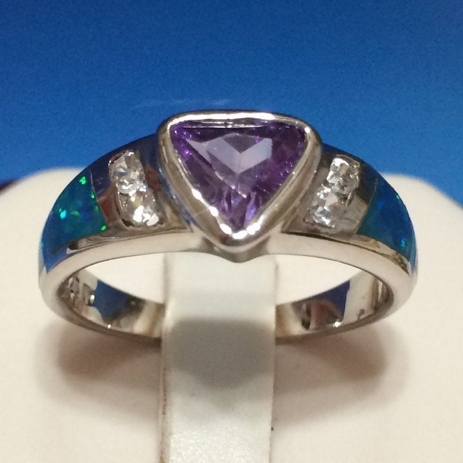 Beautiful Hawaiian Amethyst Blue Opal Ring, Sterling Silver Blue Opal Amethyst CZ Ring, R1011 Birthday Mom Mother Gift