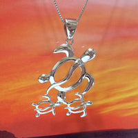 Magnifique collier et boucles d'oreilles hawaïennes de grande taille pour maman et 2 bébés tortues de mer, pendentif en argent sterling pour famille de tortues de mer N6027S1, cadeau d'anniversaire pour maman