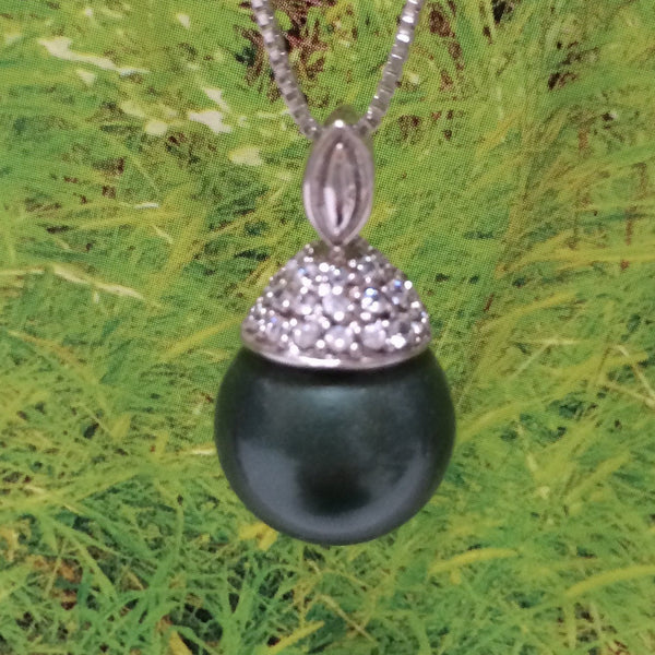 Unique Gorgeous Hawaiian Large Black Shell Pearl Necklace, Sterling Silver Black Shell Pearl CZ Pendant, N2919 Birthday Mom Mother Gift