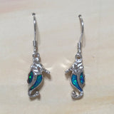 Boucles d'oreilles uniques en forme d'hippocampe en opale bleue hawaïenne, boucles d'oreilles pendantes en argent sterling avec opale bleue et hippocampe E4152A, cadeau d'anniversaire pour maman