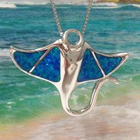 Unique Gorgeous Hawaiian Large Blue Opal Manta Ray Necklace, Sterling Silver Opal Manta Ray Pendant, N2162B Birthday Mom Gift, Statement PC