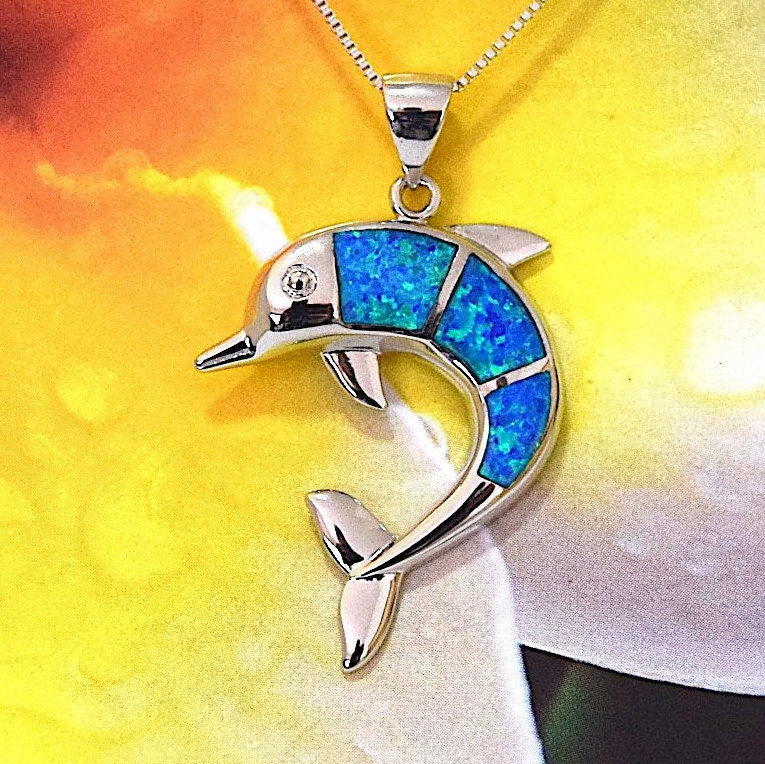 Gorgeous Hawaiian Large Blue Opal Dolphin Earring and Necklace, Sterling Silver Opal Dolphin Pendant, N6031SH Birthday Mother Mom Gift