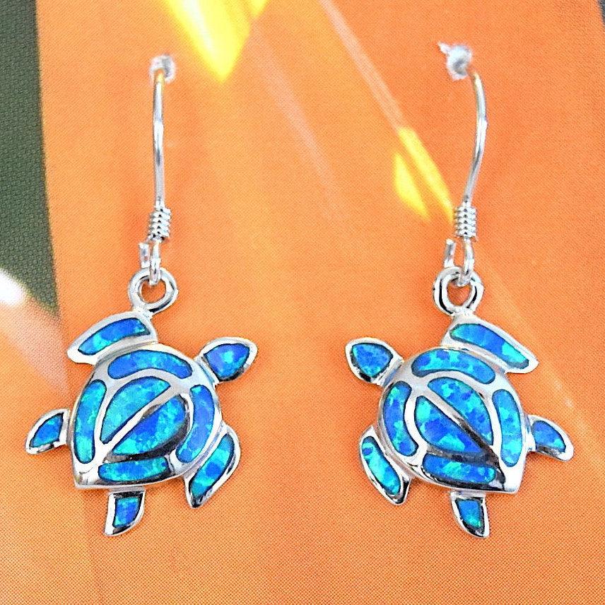 Unique Gorgeous Large Hawaiian Blue Opal Sea Turtle Earring, Sterling Silver Turtle Dangle Earring, E9345 Birthday Mom Gift, Statement PC - Hawaii Treasures Shop